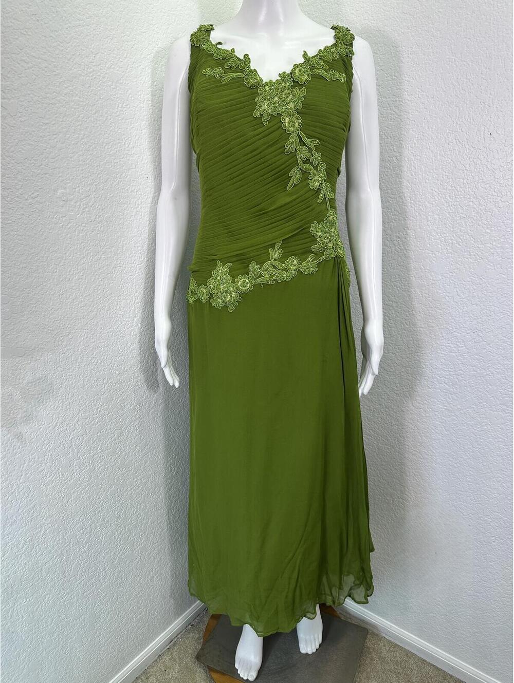 Sz 22 Marsoni Green Pleated Embroidered Silk Midi Dress Fairycore Forest